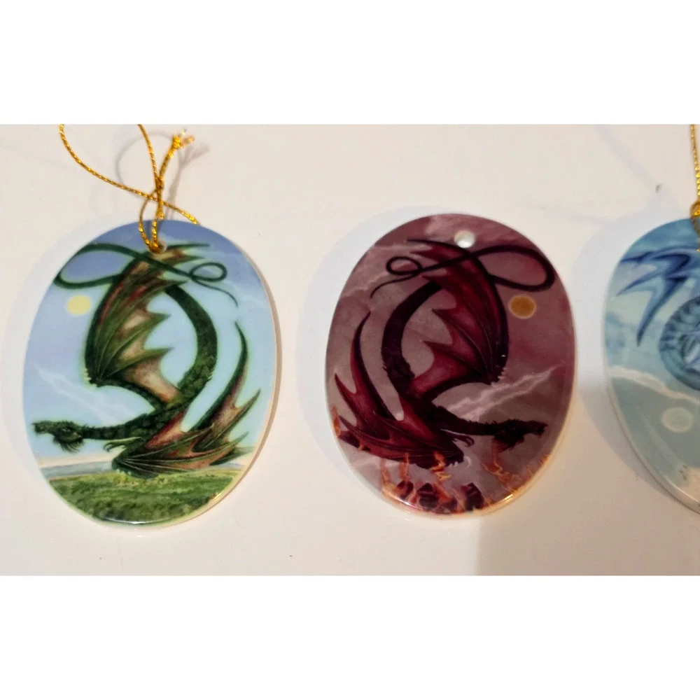 Set of 5 Christmas Ornaments Mickie Mueller Dragons Enchanted Porcelain 3.25